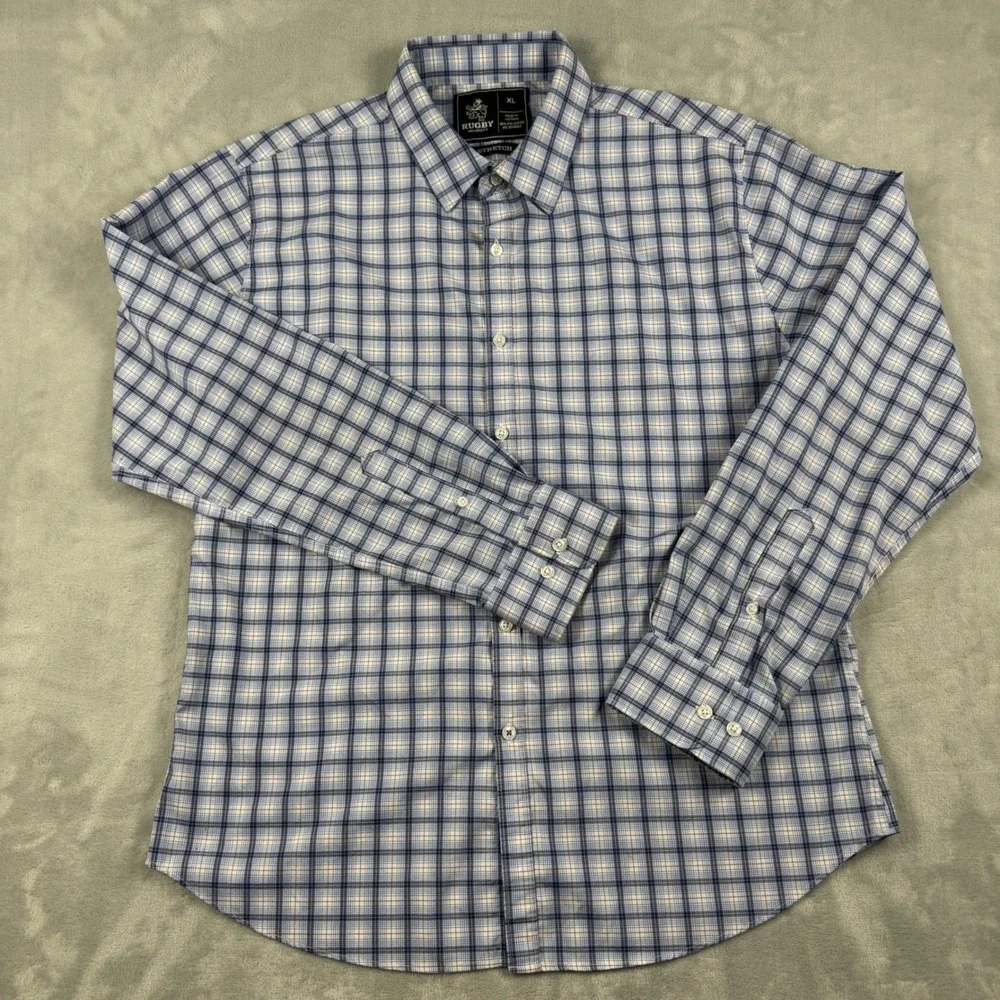 Rugby University Men's Blue White Plaid Stretch Long Sleeve Button Down Shirt XL